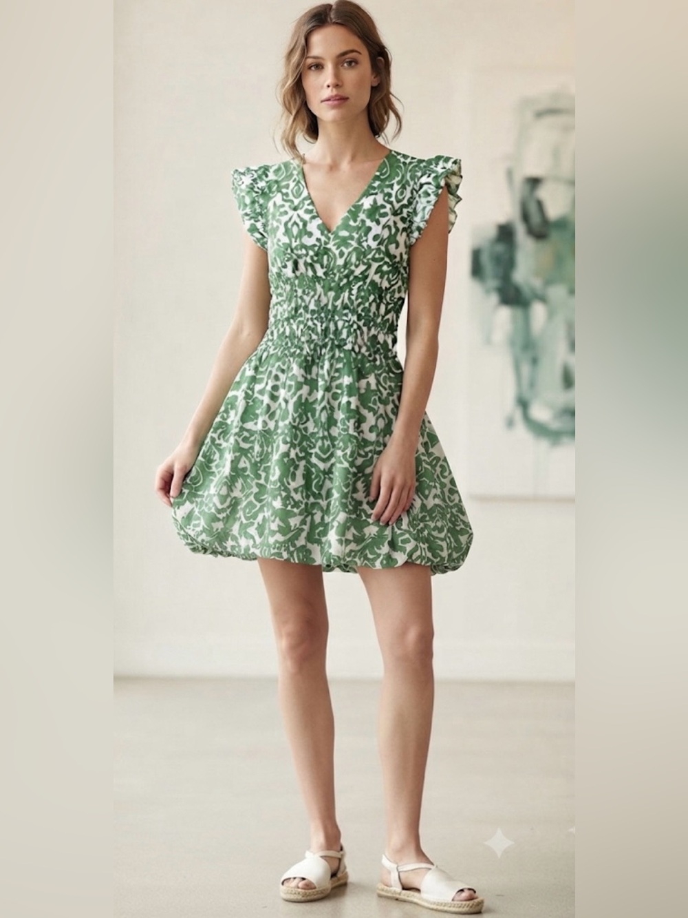 Tea Rose green/white mini dress smocked waist flutter sleeve v neck bubble hem L